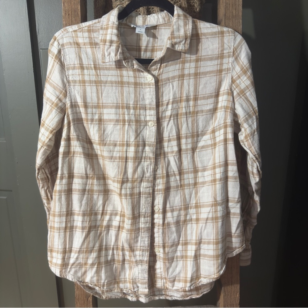 Old Navy Beige & Cream Plaid Button-Down Shirt – Size M